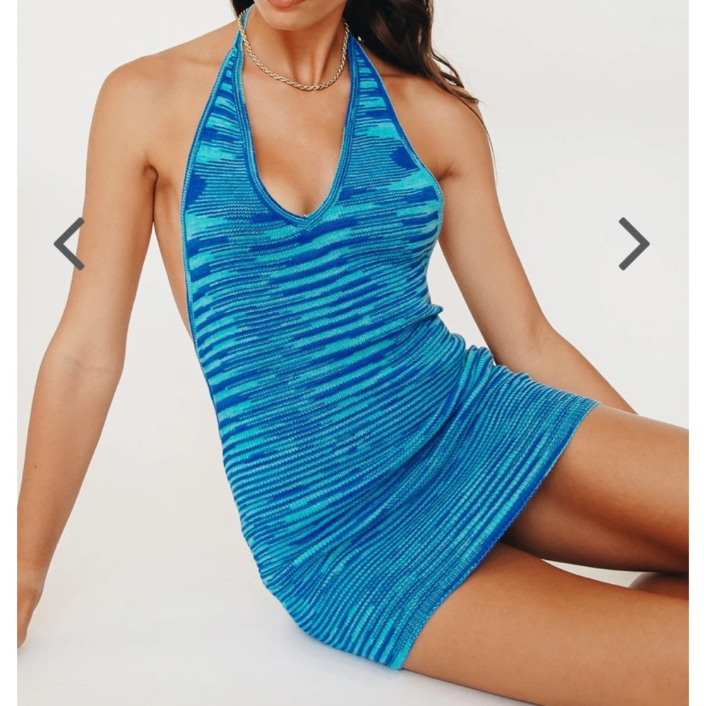 Blue knit halter mini dress